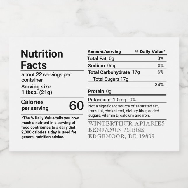 Honey Nutrition Facts Label Rectangle White (Single Label)