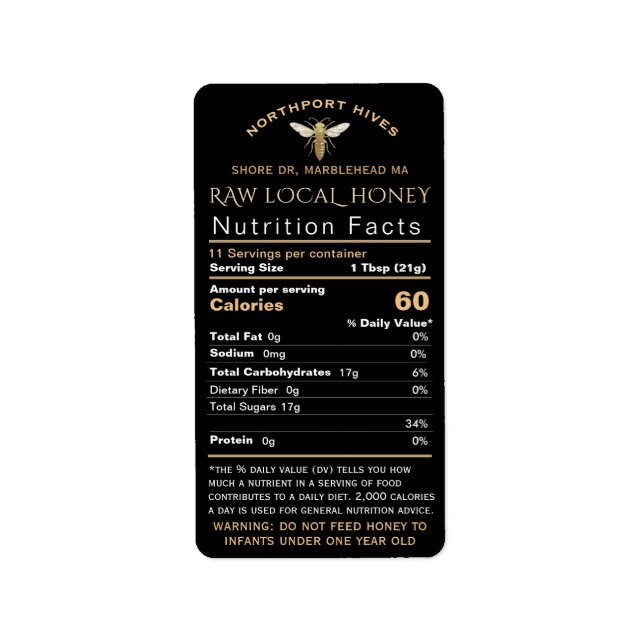 Honey Nutrition Facts with Infant Warning & Bee    Label (Front)