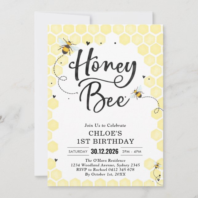 Honey One Honey Bee 1st Birthday Invitation (Front)