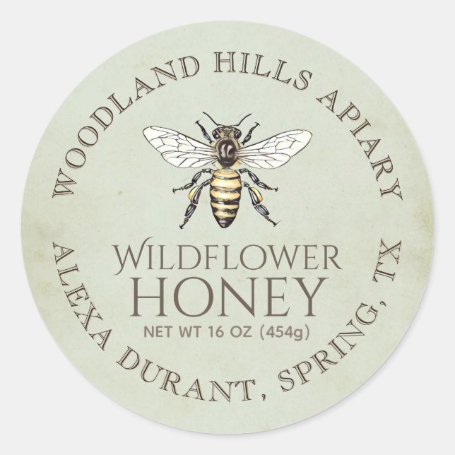 Honey Queen Bee on 1930s Antiqued Green Parchment Classic Round Sticker (Front)