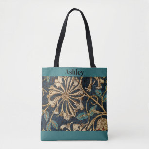 Honey suckle floral design, blues, tan, red, tote bag