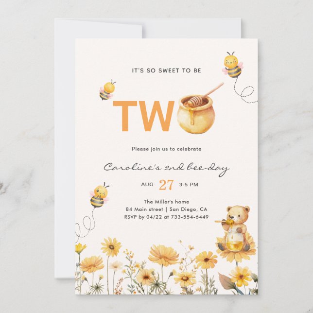 Honey Teddy Bear 2nd Bee Day Floral Birthday Invitation (Front)