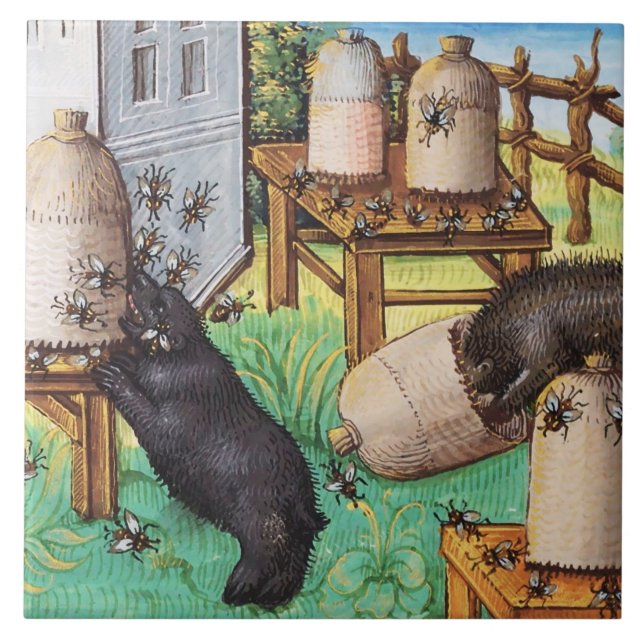 HONEY THIEF BEARS,BEES,BEE HIVES Mediaeval Apiaris Ceramic Tile (Front)
