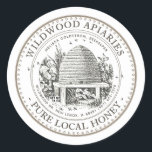 Honey Vintage Garden Skep Hive with little Bees Classic Round Sticker<br><div class="desc">Custom Honey Label with vintage illustration of a bee-hive surrounded by an old world garden and little bees. Dotted circle border. Personalise with your name,  apiary,  location and cell phone.</div>