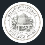 Honey Vintage Garden Skep Hive with little Bees Classic Round Sticker<br><div class="desc">Custom Honey Label with vintage illustration of a bee-hive surrounded by an old world garden and little bees. Dotted circle border. Personalise with your name,  apiary,  location and cell phone.</div>