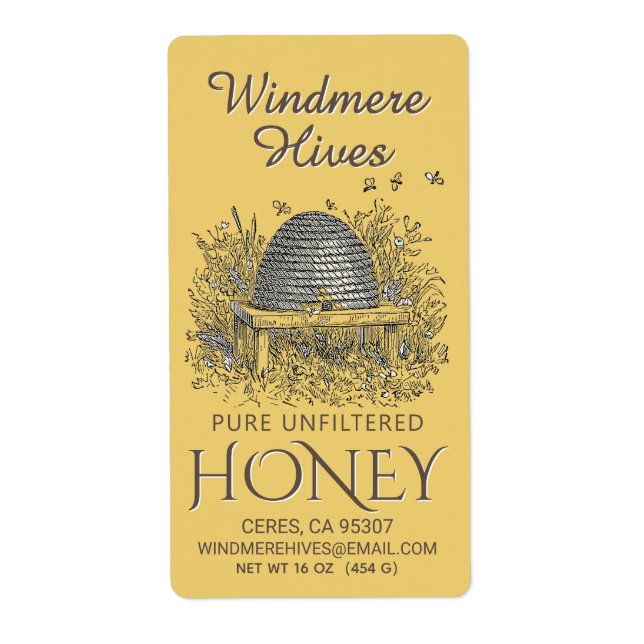 Honey Vintage Skep with Bees Yellow Shipping Label (Front)