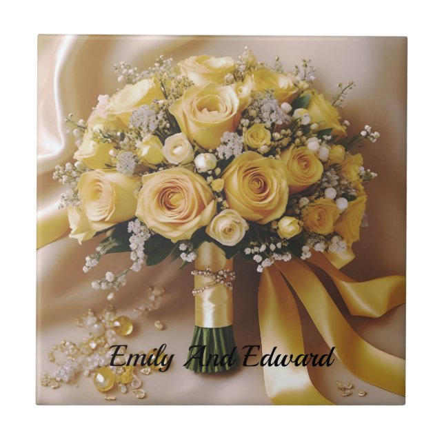 Honey Yellow Roses Wedding Bouquet, Ceramic Tile (Front)