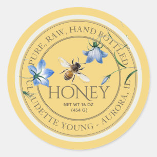 Honeybee and Blue Flowers Yellow Honey Label