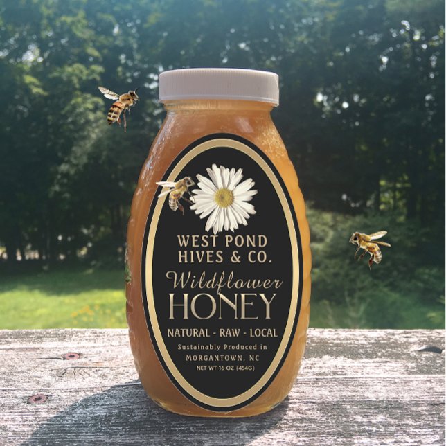Honeybee and Daisy 16 oz Queenline Jar Black Honey Oval Sticker (Creator Uploaded)