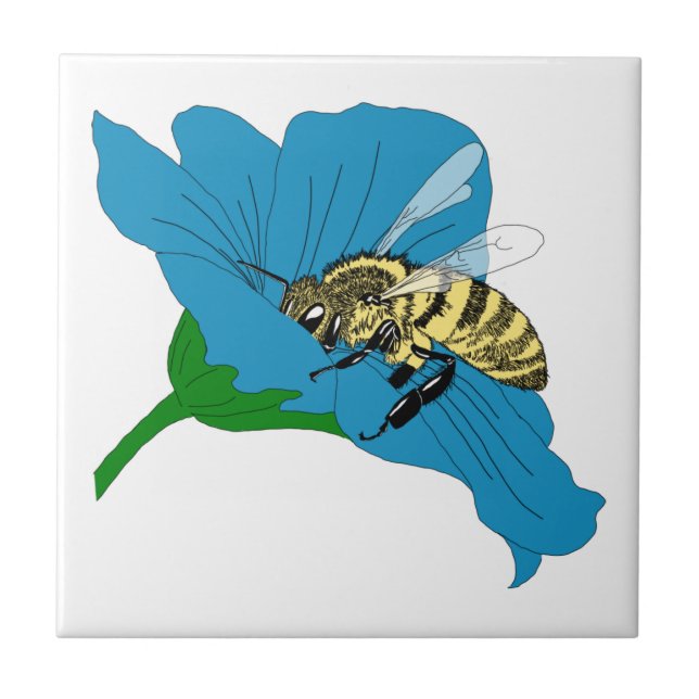 Honeybee Blue Flower Illustration Ceramic Tile (Front)