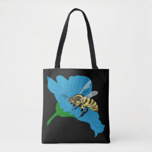Honeybee Blue Flower Illustration Tote Bag