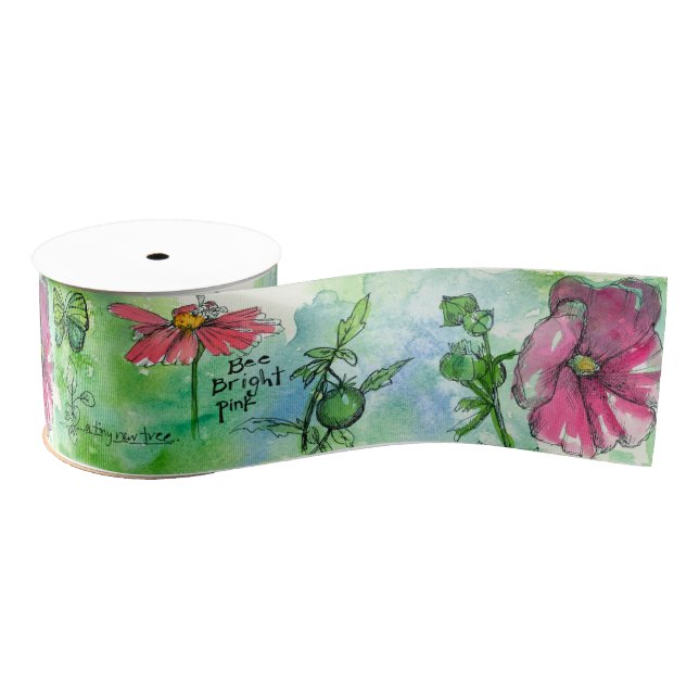 Honeybee Cosmos Watercolor Flowers Green Grosgrain Ribbon (Spool)