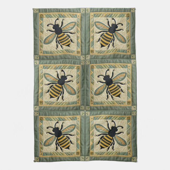 Honeybee Faux Quilt Two Tea Towel (Vertical)