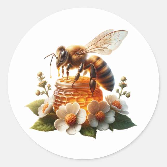 Honeybee, Flowers and Honey Classic Round Sticker (Front)