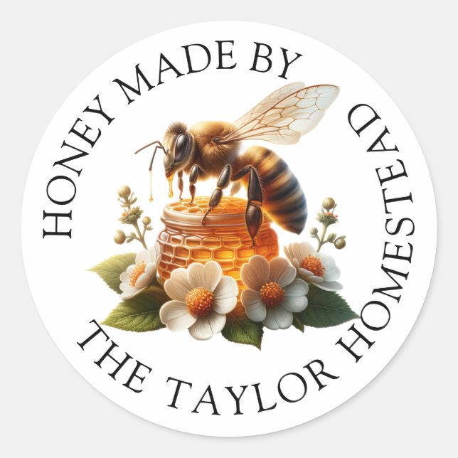 Honeybee, Flowers and Honey Personalised Classic Round Sticker (Front)