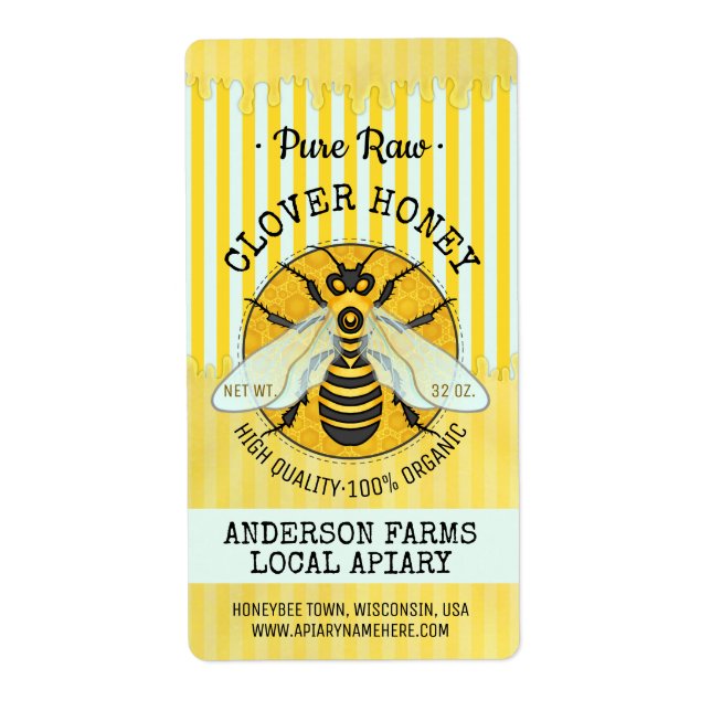 Honeybee Honey Jar Apiary Bee Labels | Striped (Front)
