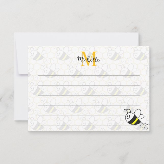 Honeybee Honeycomb Drawing Custom Lined Monogram Card (Front)