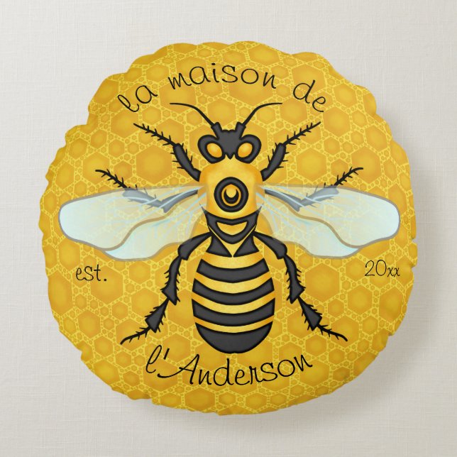 Honeybee Honeycomb Elegant French Bee Family Name Round Cushion (Front)