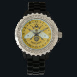 Honeybee Honeycomb French Bee Bumblebee Custom Watch<br><div class="desc">This beautiful honeybee wristwatch shows a pretty bee over a bright honeycomb background. The yellow and black bee has gossamer white-blue wings. The background is a pretty golden beehive honeycomb pattern. The bee comes alive and seems to reach right out of the design, its wings spreading over the Roman numeral...</div>