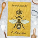 Honeybee Honeycomb French Bee Elegant Custom Name Tea Towel<br><div class="desc">This beautiful honeybee kitchen towel shows a large bee and crown over a light, bright honeycomb background. The yellow and black bee has gossamer white-blue wings that are spread out like it's ready to fly. The background is a pretty golden beehive honeycomb pattern. Use the templates to easily change the...</div>