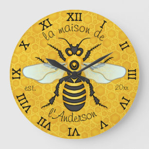 Honeybee Honeycomb French Bee Family Name Elegant Large Clock