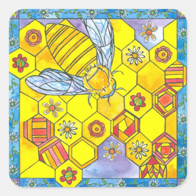 Honeybee Honeycomb Grid Yellow Watercolor Flowers Square Sticker (Front)