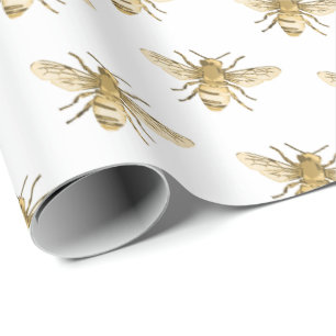 Honeybee in Flight Pattern on White Wrapping Paper