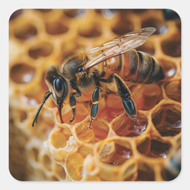 Honeybee on a honeycomb square sticker (Front)