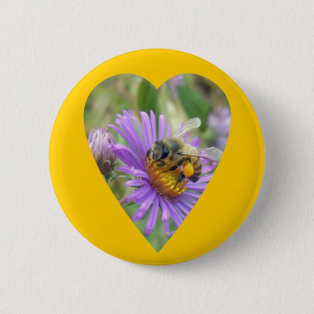 Honeybee on Fall Asters Heart 6 Cm Round Badge (Front)