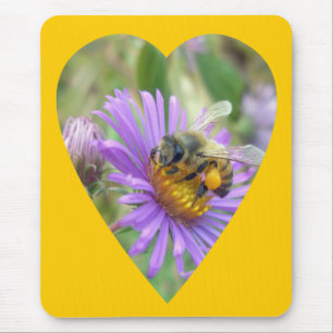 Honeybee on Fall Asters Heart Mouse Pad
