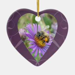 Honeybee on Fall Asters Valentine Heart Ceramic Tree Decoration