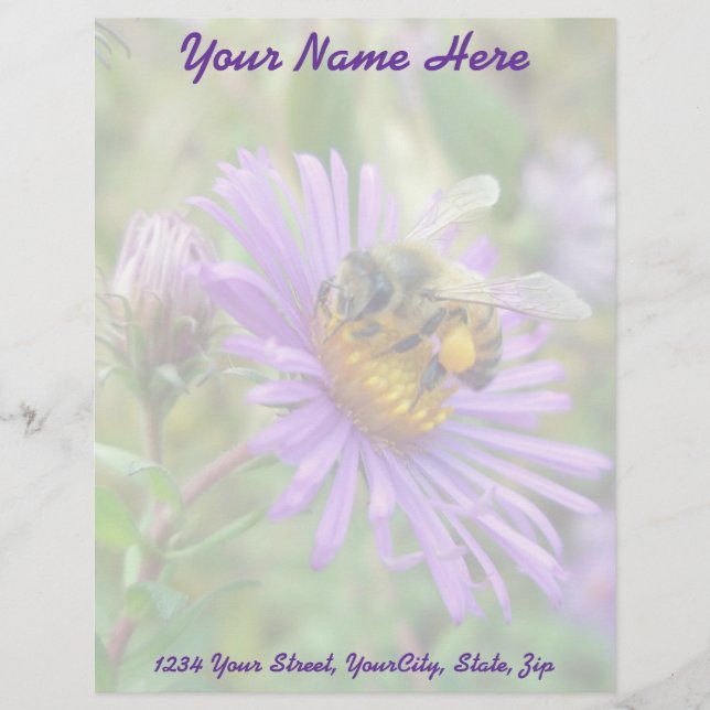 Honeybee on Fall Asters Wildflower Letterhead. Personalised Letterhead (Front)