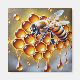 Honeybee on Honeycomb With Dripping Golden Honey Magnet