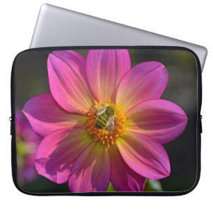 Honeybee on pink dahlia laptop sleeve