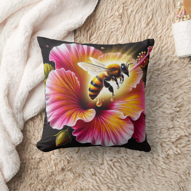 Honeybee Pollinating a Blooming Bright Hibiscus  Cushion (Blanket)