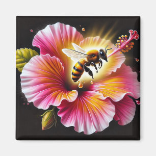 Honeybee Pollinating a Blooming Bright Hibiscus Magnet