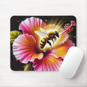 Honeybee Pollinating a Blooming Bright Hibiscus Mouse Pad