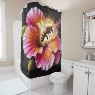 Honeybee Pollinating a Blooming Bright Hibiscus Shower Curtain