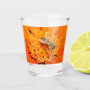 Honeybee pollinating flower Thunder_Cove Orange Shot Glass