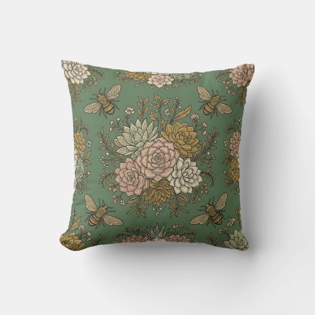 Honeybee Succulent Garden Throw Pillow (Front)