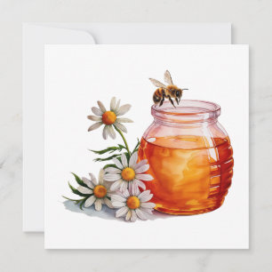 Honeybee with Jar of Honey and Daisy Flowers Card