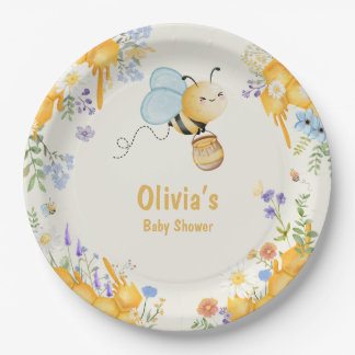 honeyBee yellow blue floral baby shower Paper Plate