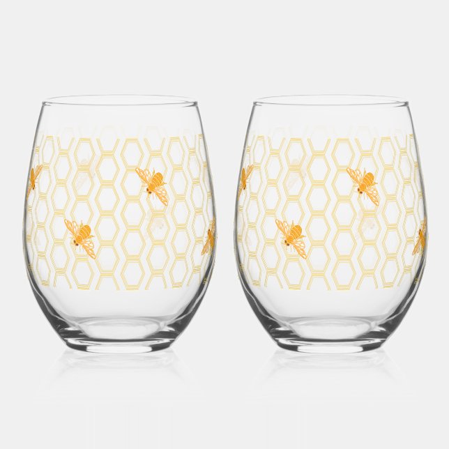 Honeybees, honeycomb Drinkware Set Stemless Wine Glass (Front)