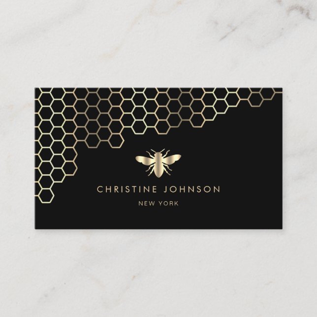 honeycomb and faux gold foil bee  on black business card (Front)