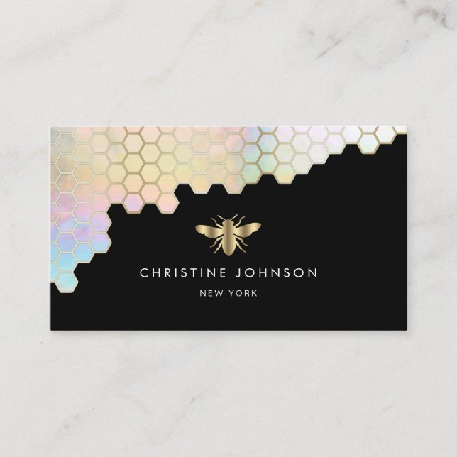honeycomb and faux gold foil bee on black business card (Front)