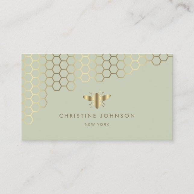 honeycomb and faux gold foil bee on sage green business card (Front)