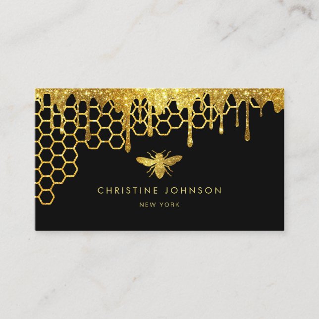 honeycomb and faux gold glitter queen bee  business card (Front)