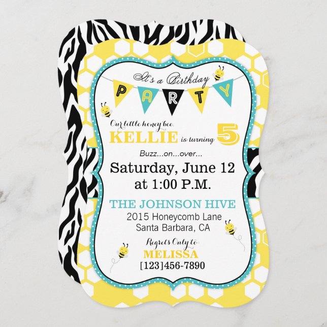 Honeycomb Animal Print Bee Birthday Invite (Front/Back)