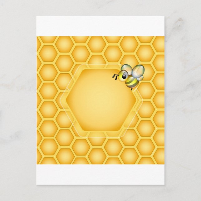 Honeycomb background with a cute honeybee postcard (Front)