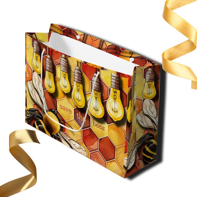 Honeycomb Bee and Garden String Lights Large Gift Bag (Save the bees large customizable gift bag for birthdays, retirement parties )